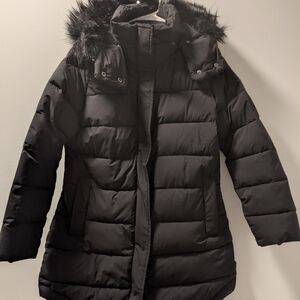 Calvin Klein Black Puffer Jacket with Faux Fur Trim